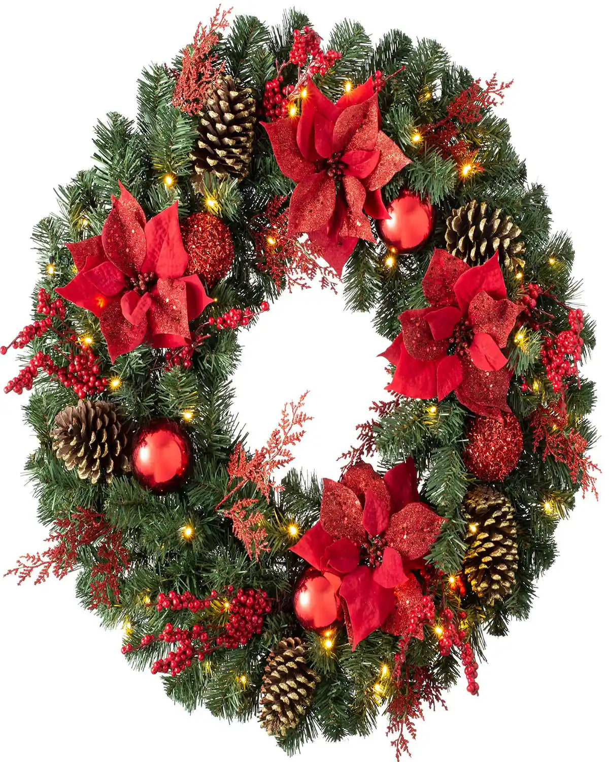 76 cm pre-lit extra thick red and gold decorated Christmas wreath with warm white lights on a white background