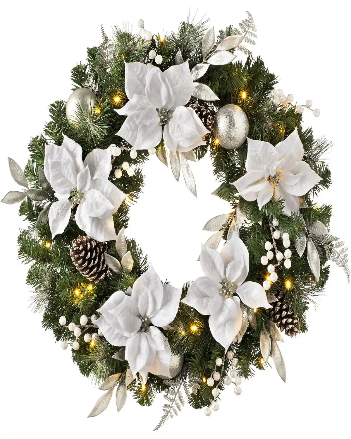 76 cm pre-lit extra thick silver and white Christmas wreath with warm white lights on a white background