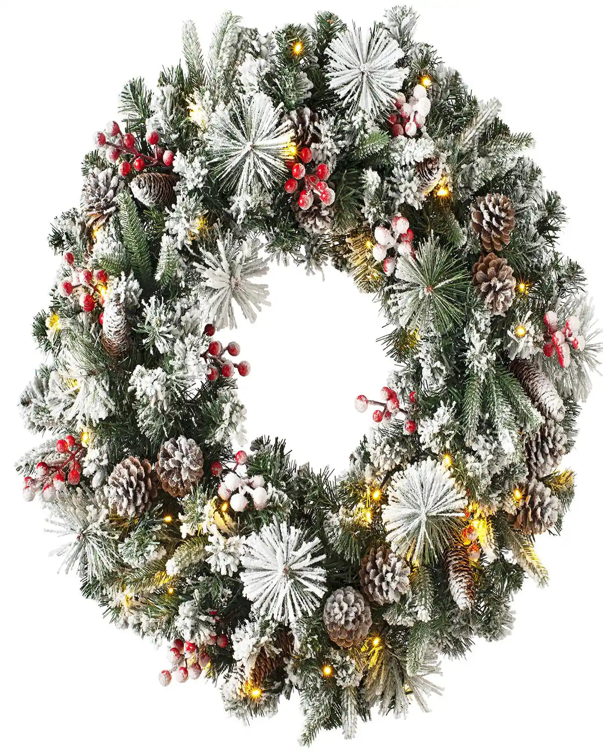 76 cm pre-lit extra thick snow-flocked pine Christmas wreath with berries, pinecones and warm white lights on a white background