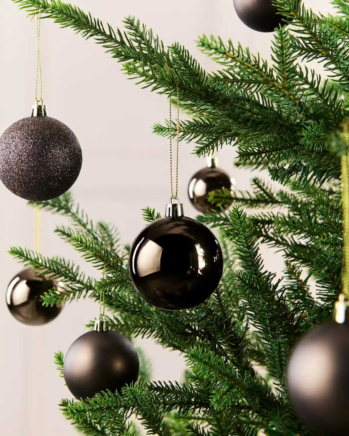 7 small Espresso coloured baubles hanging from a gold string on a Christmas tree against a cream background