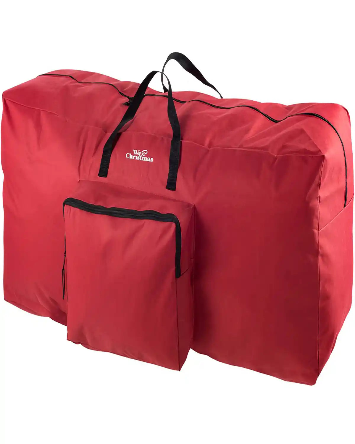 7 ft red Christmas tree storage bag with black handles on a white background