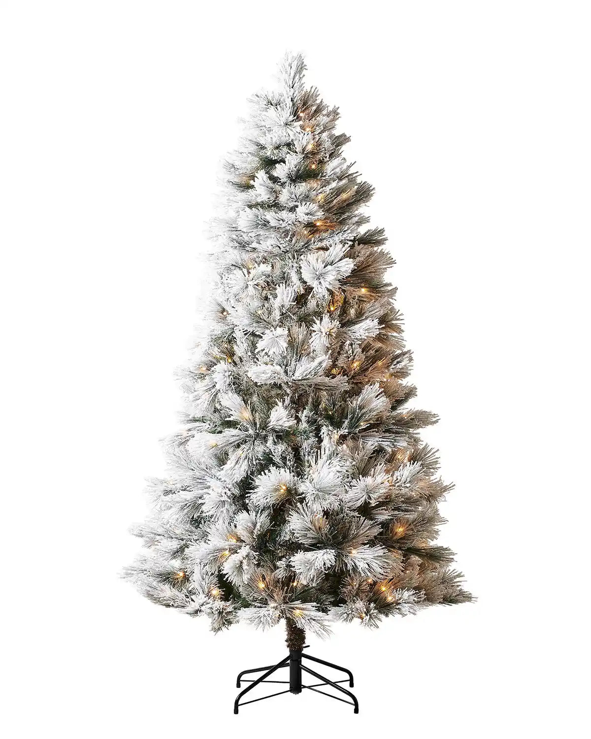 7 ft pre-lit snow flocked pine needle Christmas tree on a white background