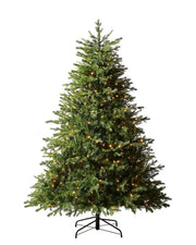 7ft pre-lit Windsor Fir Christmas tree on a white background, full green artificial tree with 500 dual LEDs, warm white and multicolour lights, dense PE and PVC branches and black metal stand