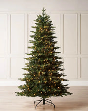 7ft Himalayan Fir Christmas Tree with lights and Black tree stand on a cream panel textured wallpaper
