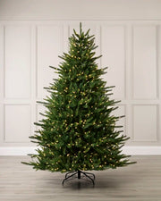 7ft Pre-Lit Hawthorn Spruce Christmas Tree with warm white lights, shown fully assembled