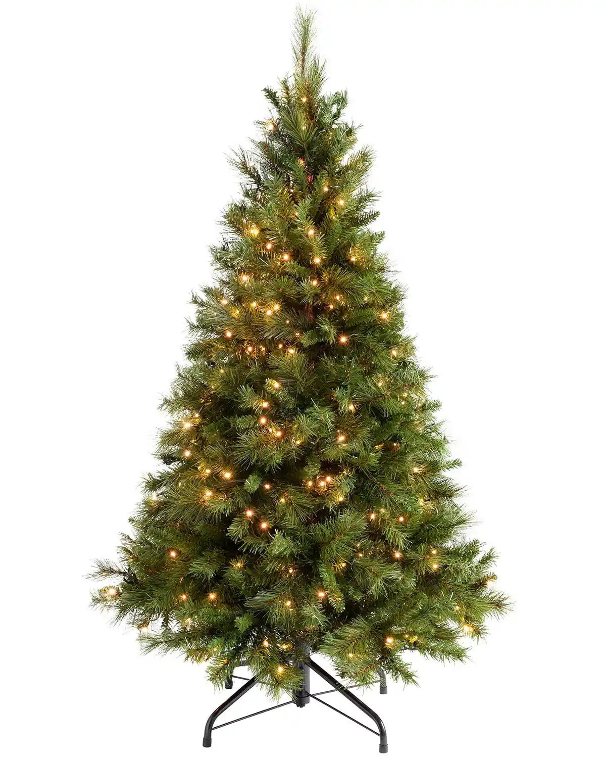 7ft Victorian Pine Christmas tree with lights and Black tree stand on a white background
