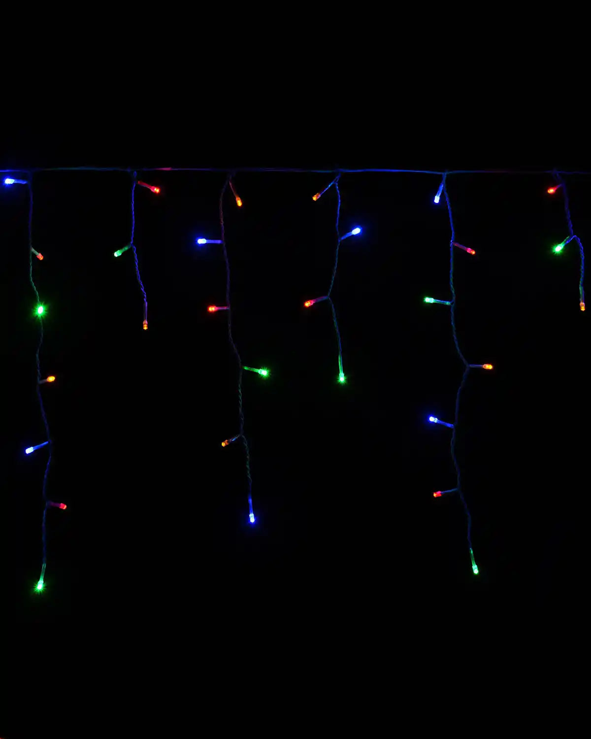 Multi-coloured LED icicle lights shown against a dark background