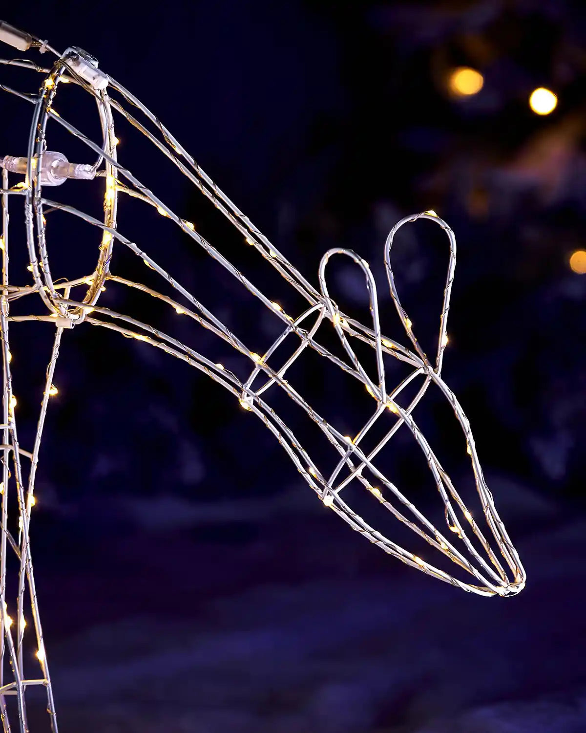 Close-up of illuminated grazing reindeer head with warm white LED lights