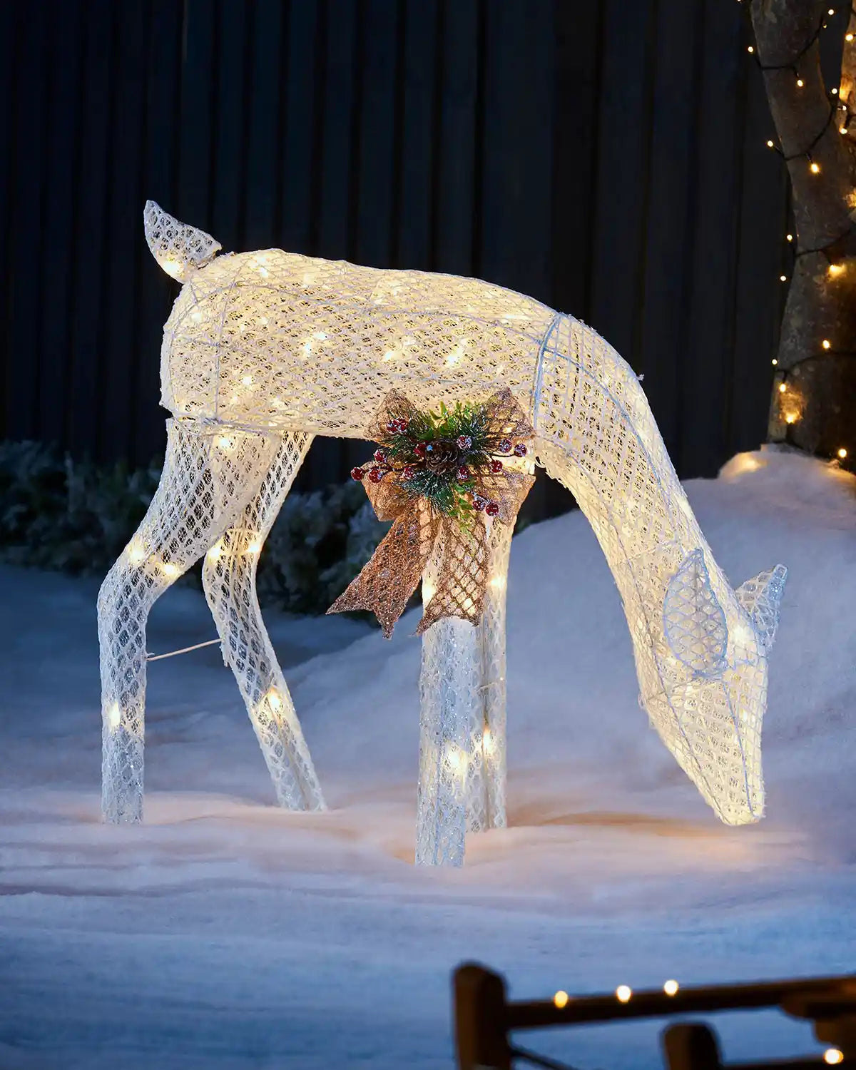 85 cm pre-lit grazing doe displayed outdoors with warm white LEDs