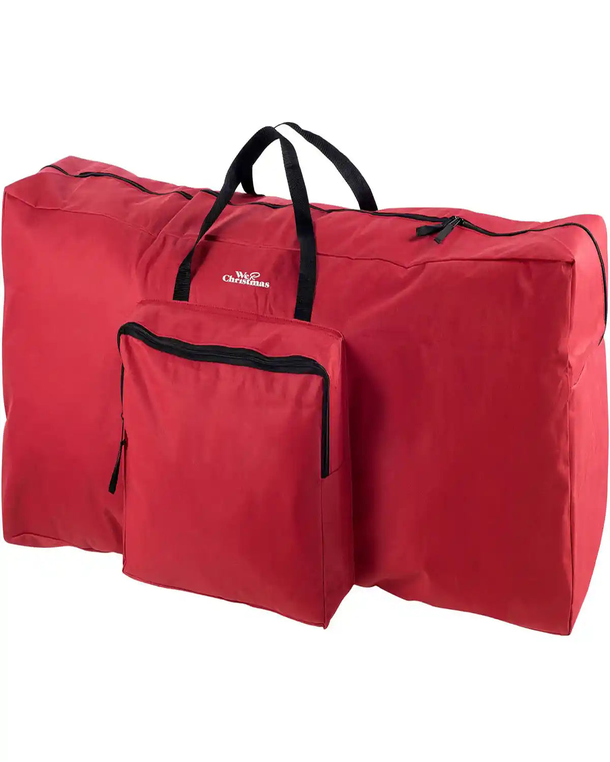 8 ft red Christmas tree storage bag with black handles on a white background