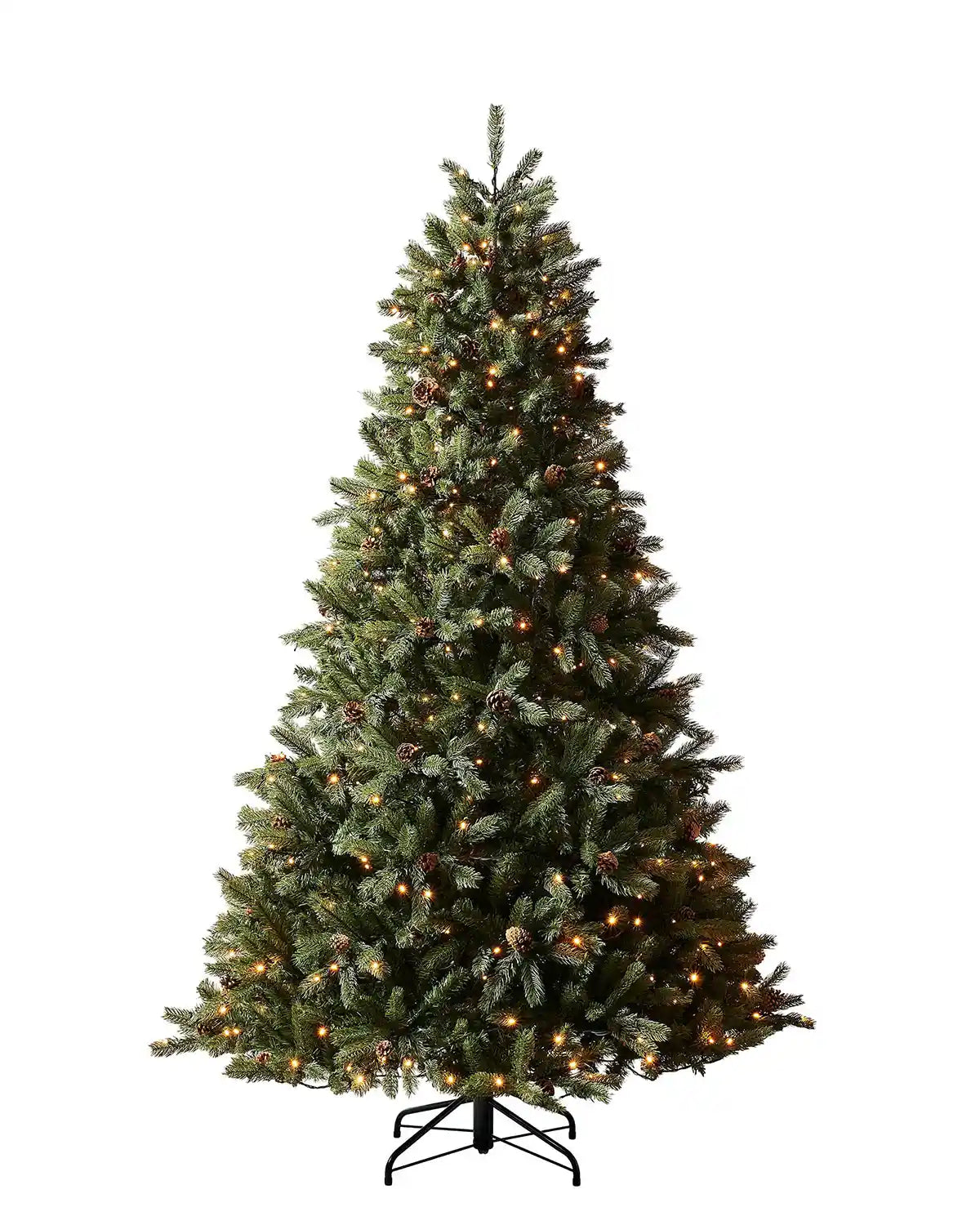 8 ft pre-lit Crawford pine Christmas tree with warm white lights and pinecones on a white background
