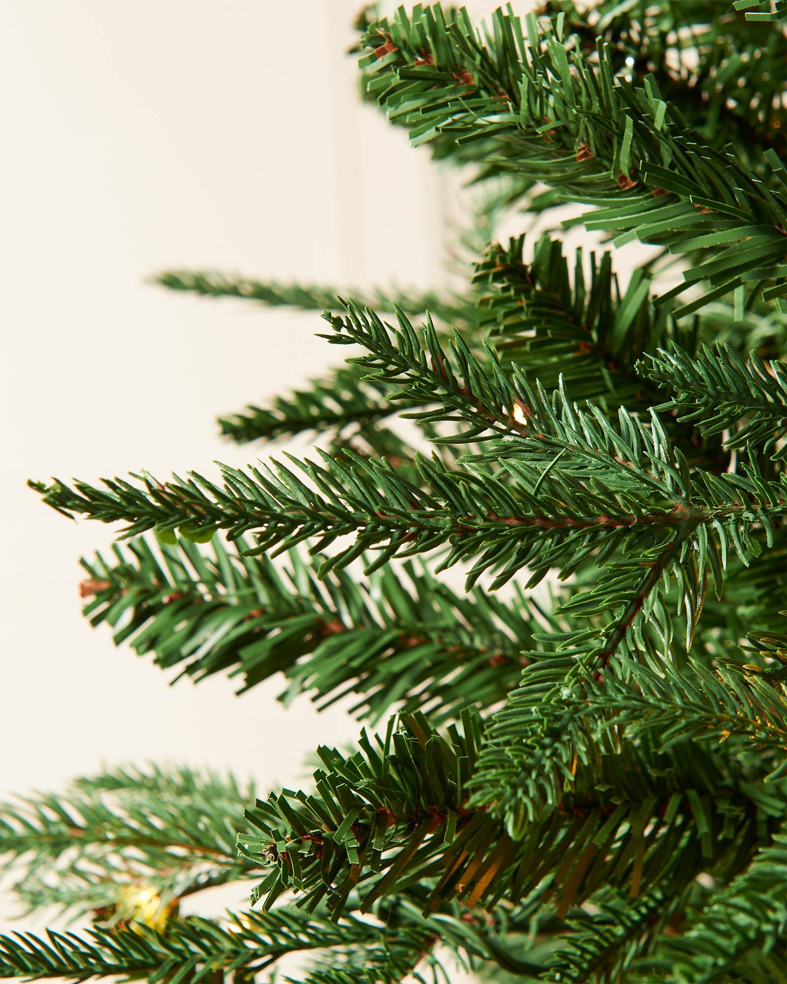 Close-up of mixed green fir-style foliage with warm white lights partly visible between the branches