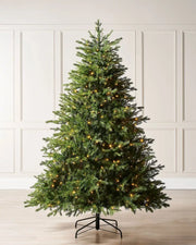8ft pre-lit Windsor Fir Christmas tree displayed indoors against cream wall panels, with full green foliage, warm white LEDs, multicolour light function and sturdy black metal stand