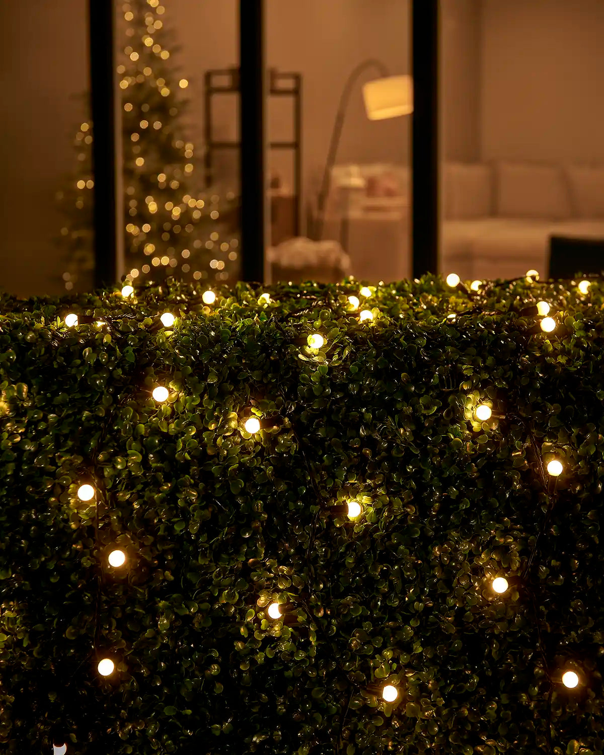 Warm white berry lights displayed across a hedge outside a home window.
