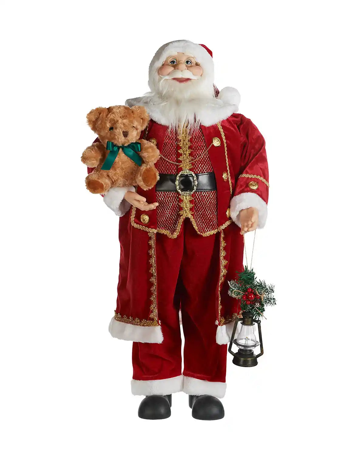 90 cm large standing Santa figurine holding a teddy bear and lantern on a white background