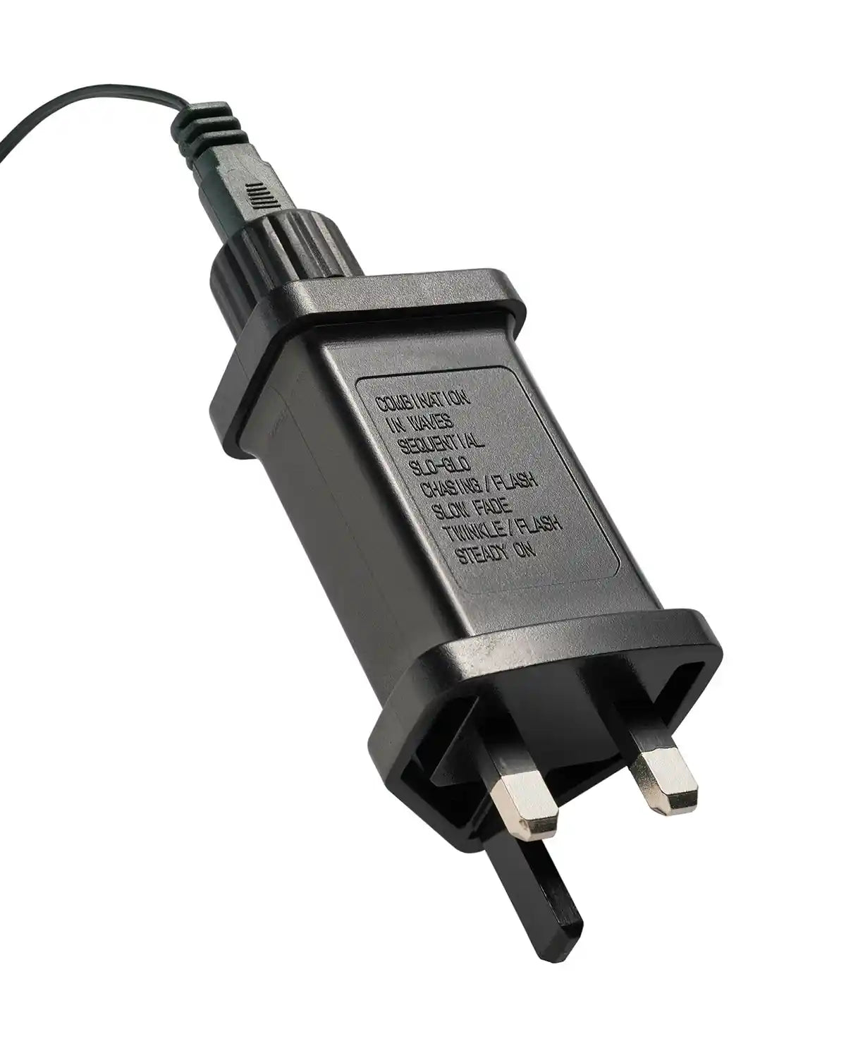 UK plug transformer/function controller for 92 cm pre-lit arch pathway chasing lights on a white background, showing eight Christmas lighting modes