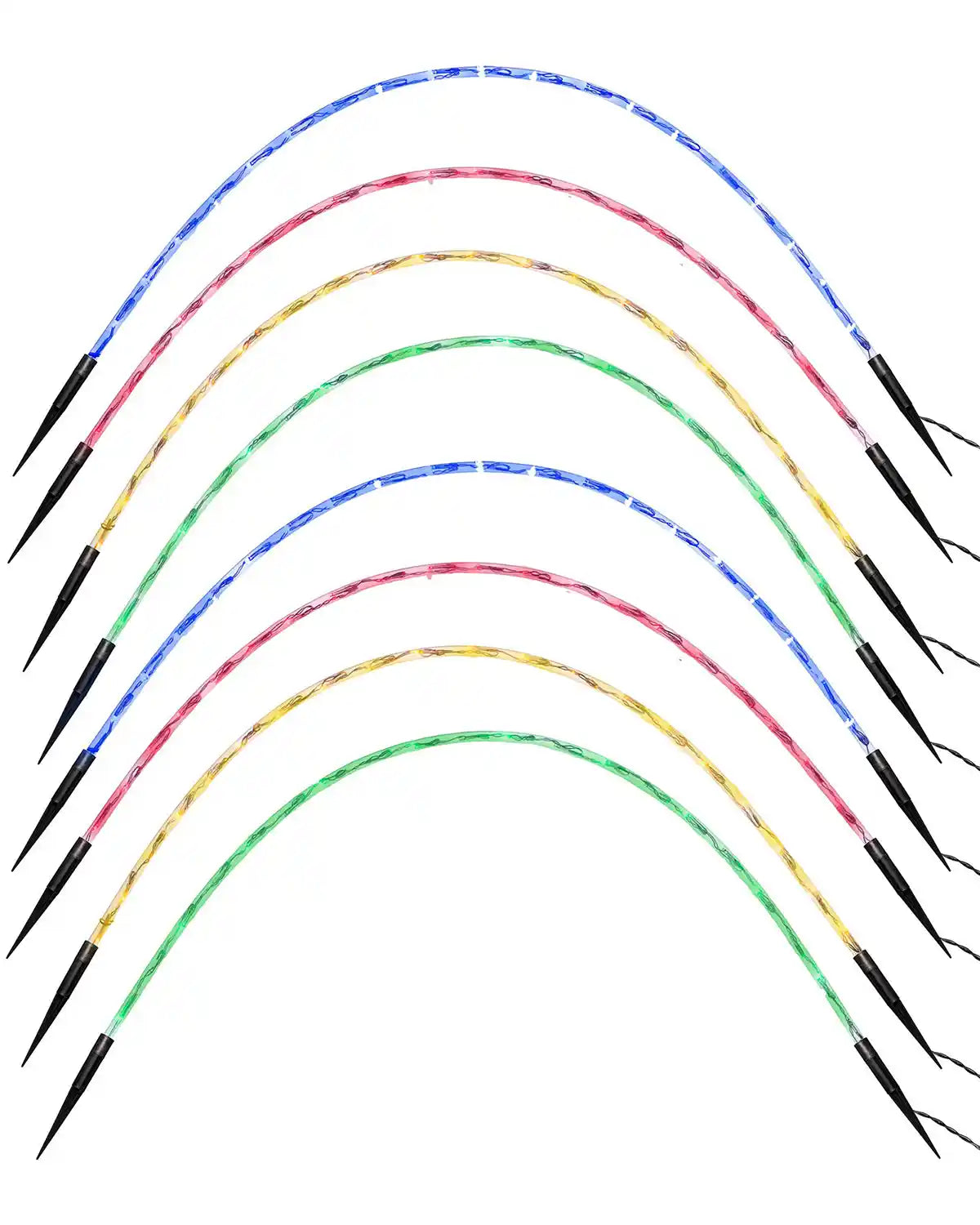Set of 8 pre-lit Christmas arch pathway lights on a white background, with red, green, blue and yellow LEDs, black ground spikes and curved outdoor garden design