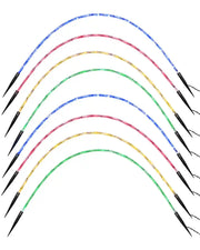 Set of 8 pre-lit Christmas arch pathway lights on a white background, with red, green, blue and yellow LEDs, black ground spikes and curved outdoor garden design