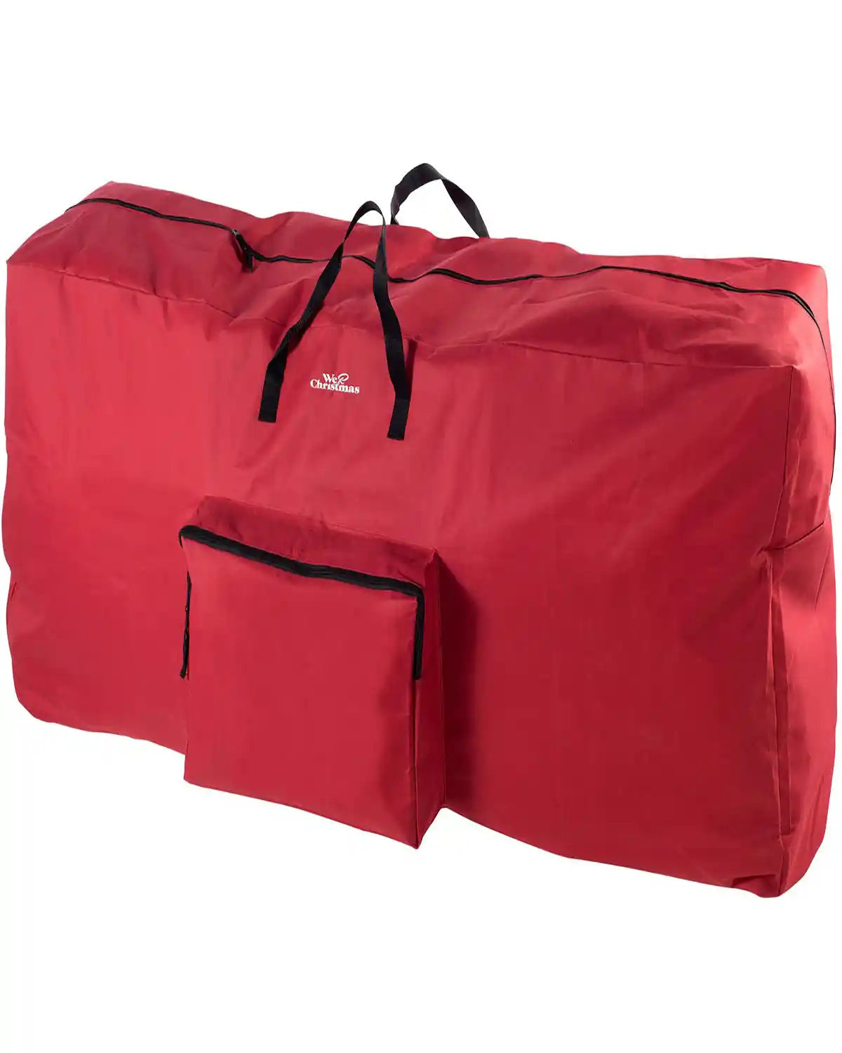 9 ft red Christmas tree storage bag with black handles on a white background