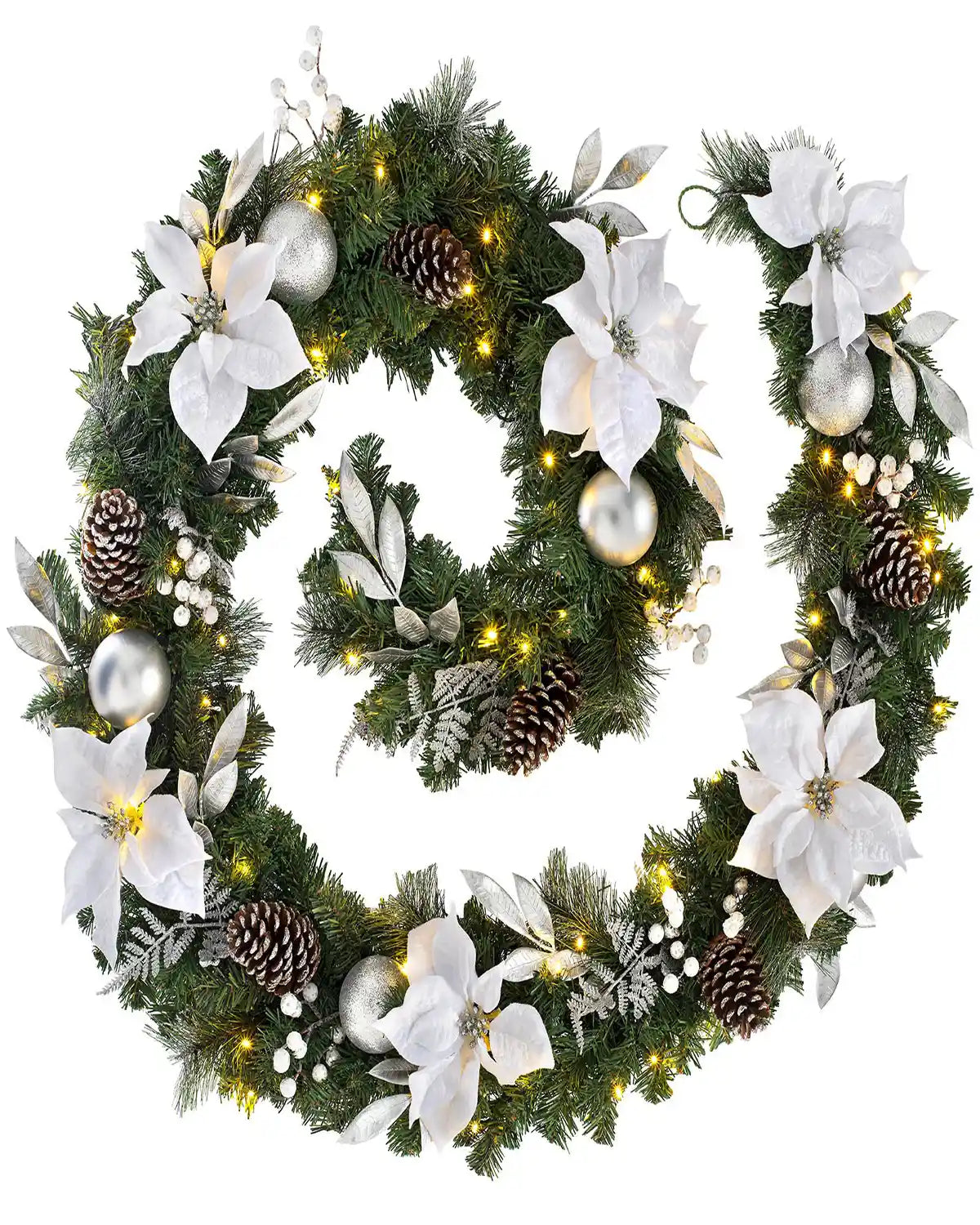 9 ft pre-lit extra thick silver and white decorated Christmas garland with warm white lights on a white background