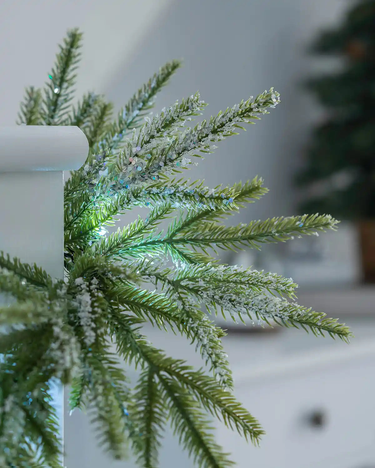 Close-up of snow-dusted frosted fir branches with silver glitter and cool white lights