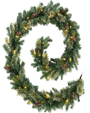 9 ft pre-lit natural pine Christmas garland with pinecones and warm white lights on a white background