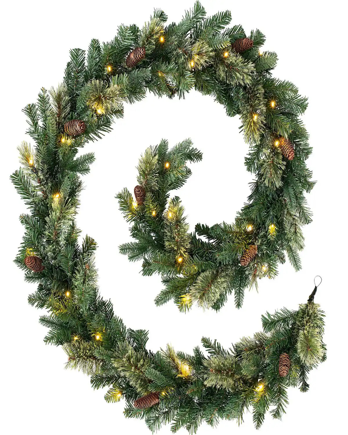 9 ft pre-lit natural pine Christmas garland with pinecones and warm white lights on a white background