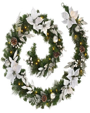 9 ft pre-lit silver and white decorated Christmas garland with warm white lights on a white background