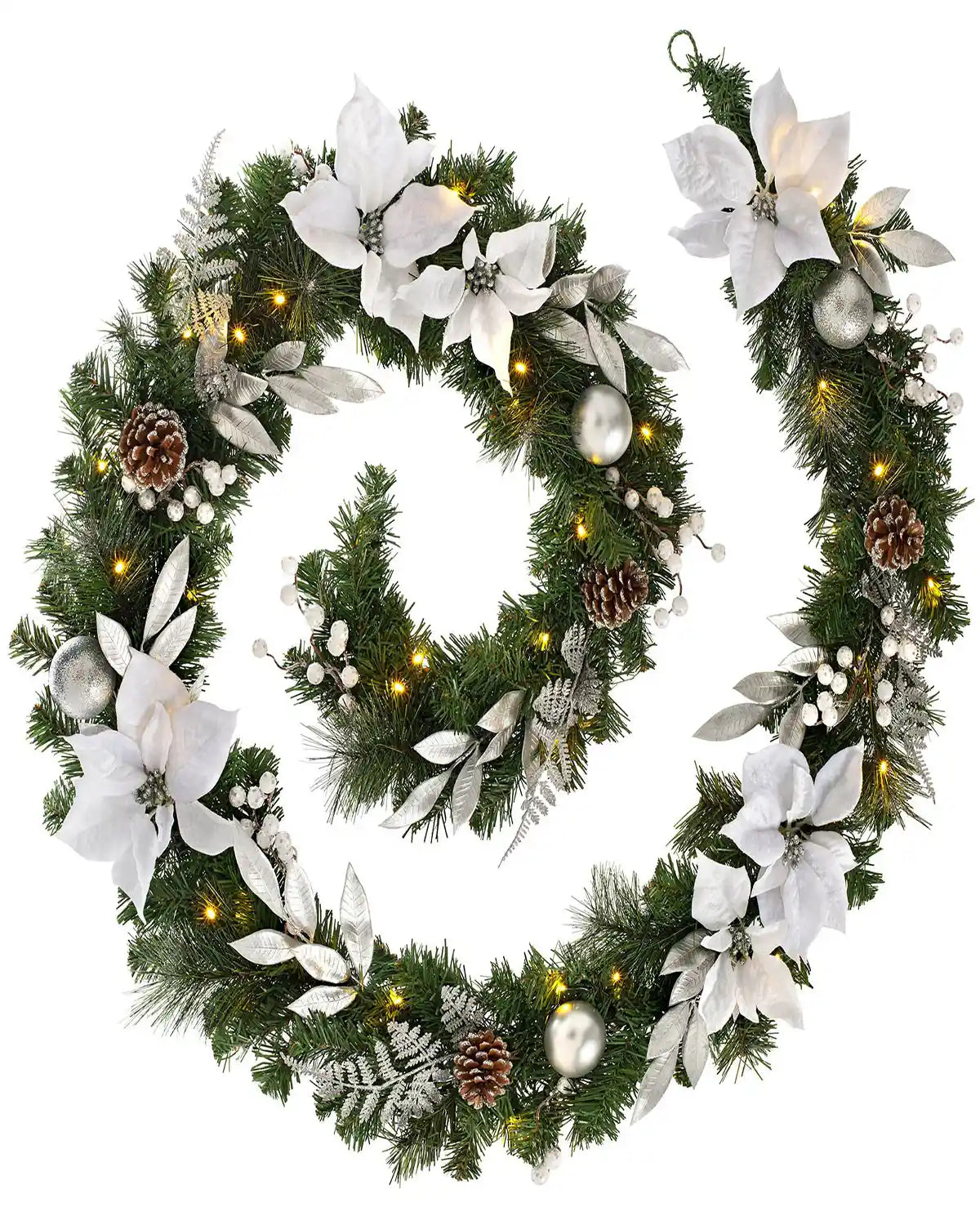 9 ft pre-lit silver and white decorated Christmas garland with warm white lights on a white background