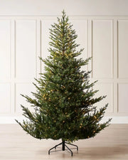 9ft Douglas Fir Decorated Christmas tree with lights against a cream panelled wall.
