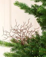 A close-up of a decorative Espresso  branch arrangement placed among the green needles of a Christmas tree, with a soft cream-colored panelled wall in the background.