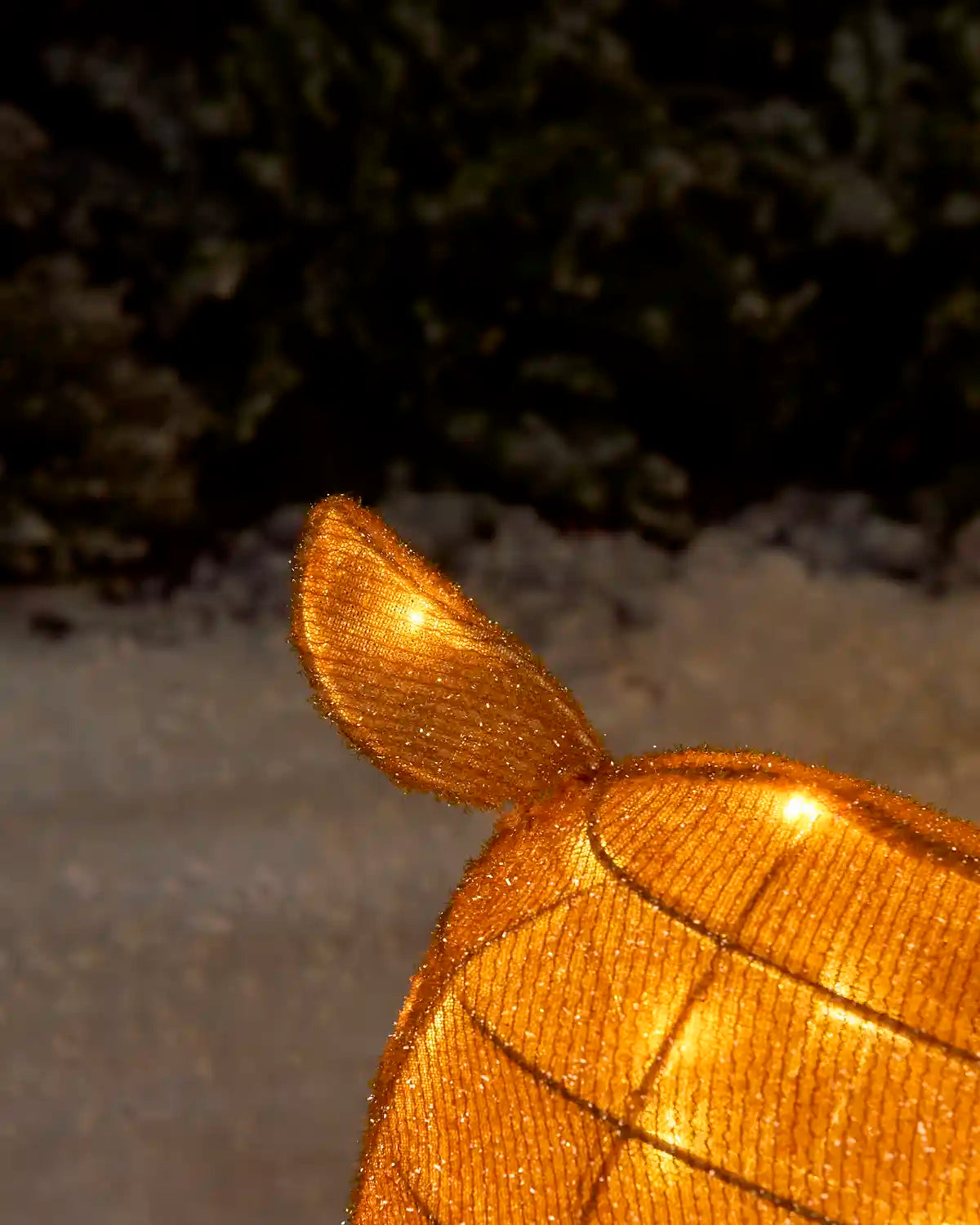 A close-up of a glittery gold decorative object with a textured, ribbed surface and a small leaf-like tab, photographed outdoors against a dark, blurred background.