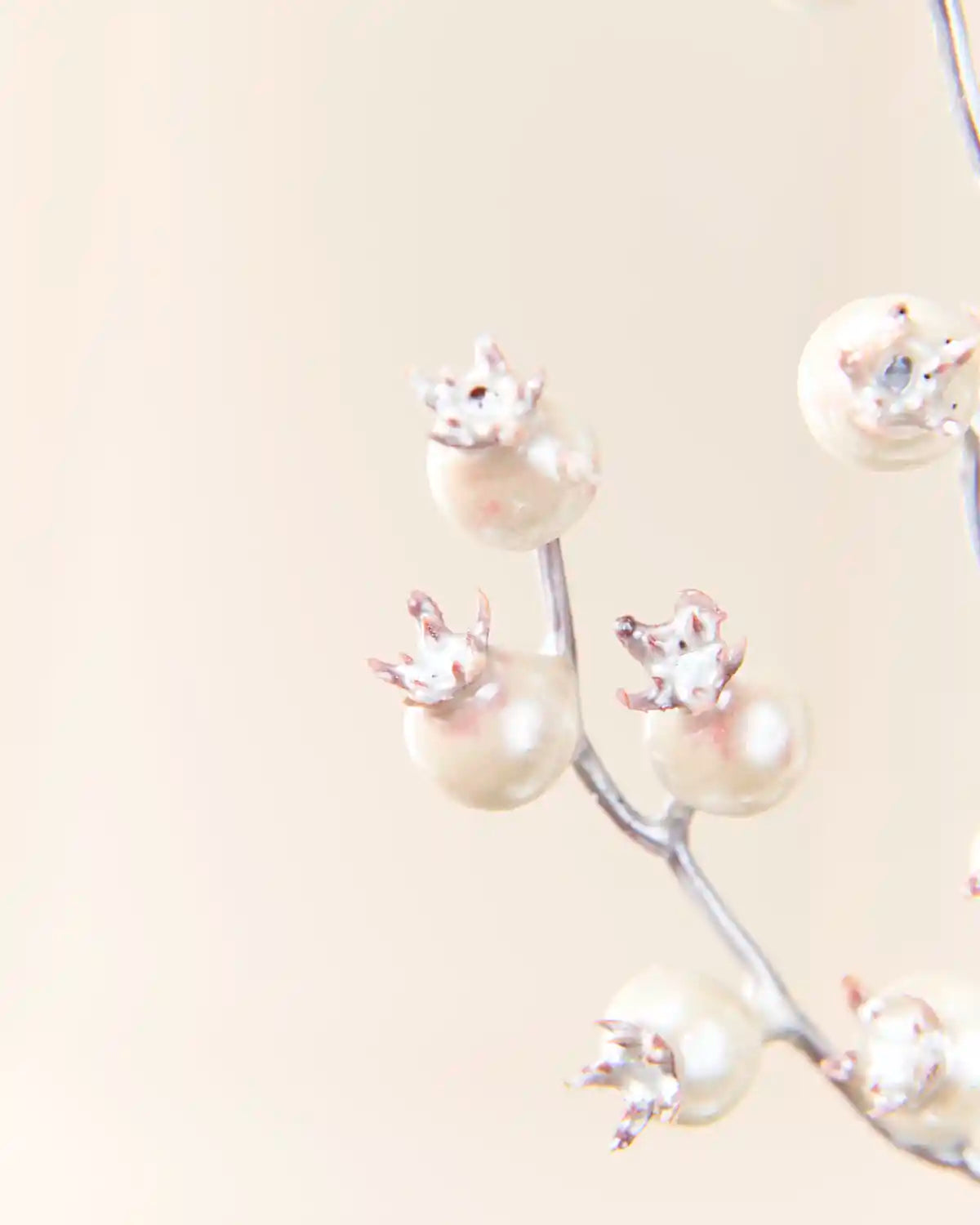 A close-up of a silver branch adorned with large white pearls and clear faceted crystal-like flower-like tops, set against a soft warm cream background.