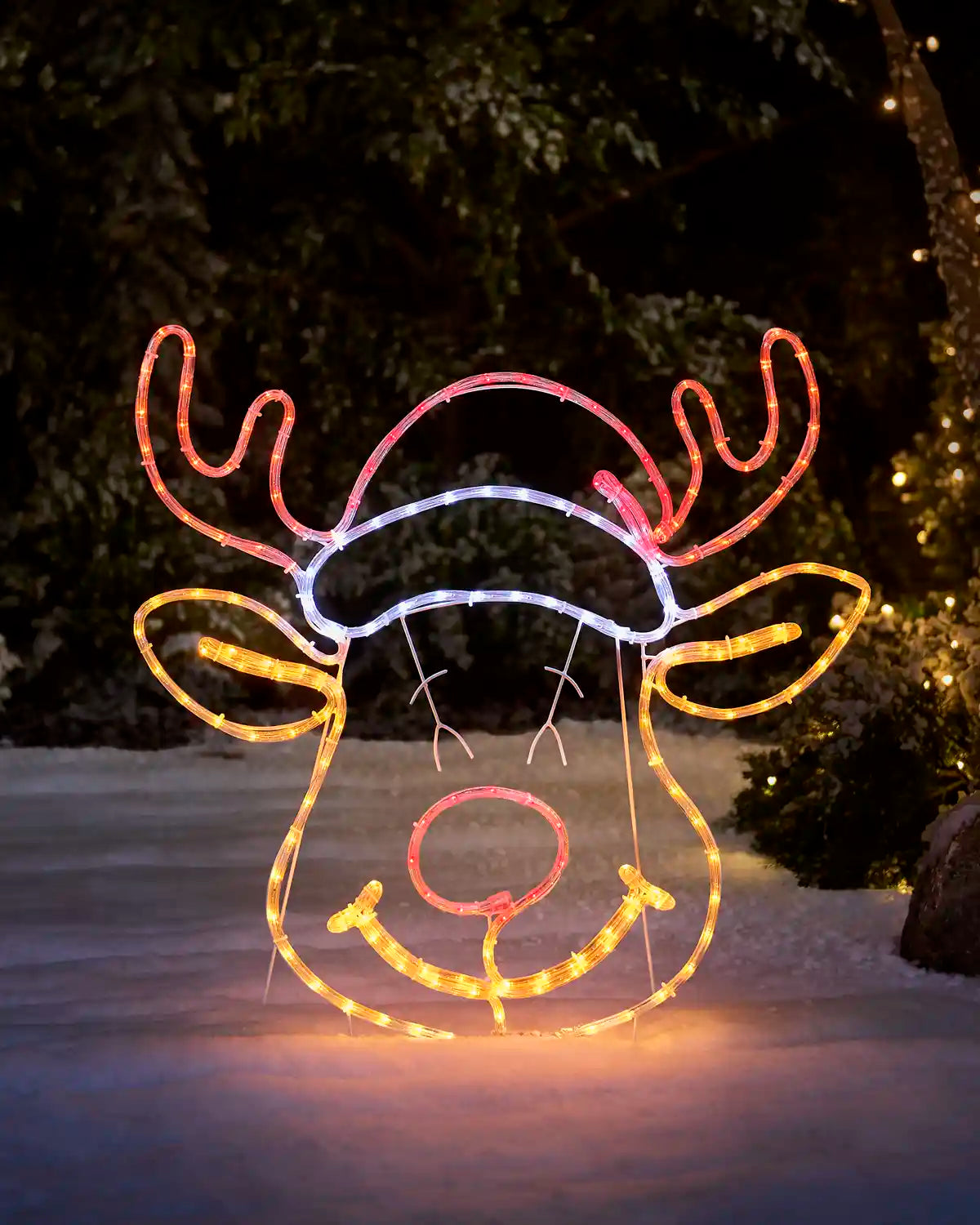 A festive outdoor Christmas light decoration shaped like a reindeer head, glowing with multiple colours including red, white, yellow, and blue, set in snow with dark trees in the background.