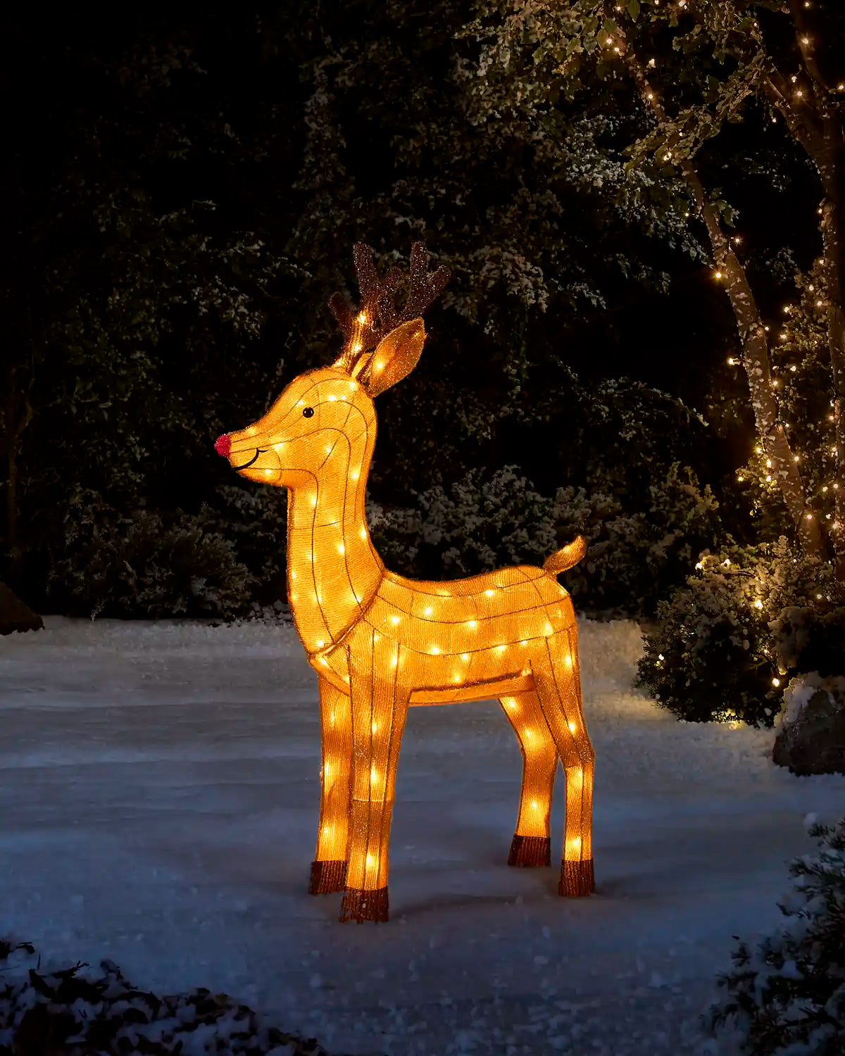 A large illuminated deer decoration stands in snow at night, glowing with warm yellow lights against a dark wooded background with additional string lights.