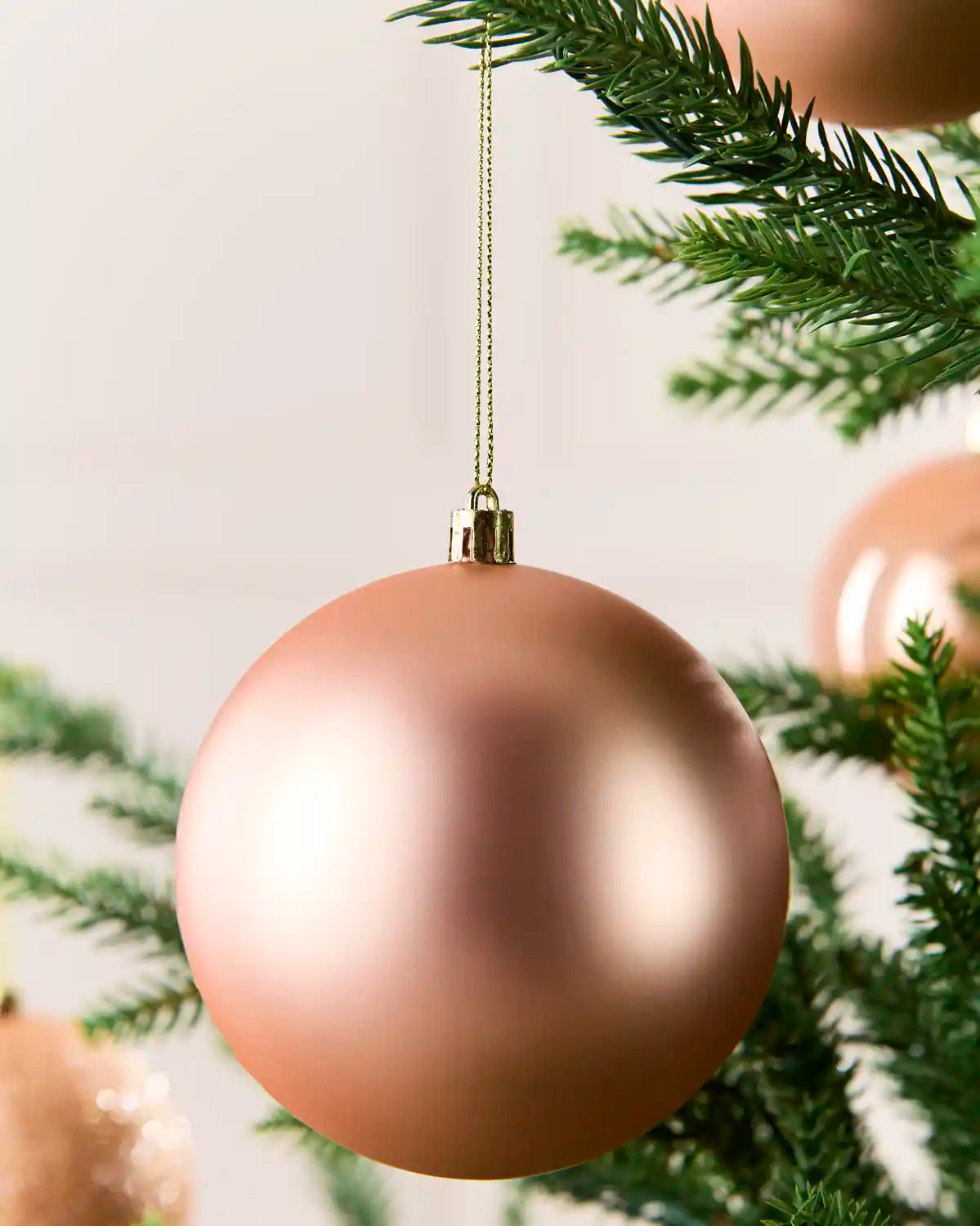 A large, shiny rose gold Christmas bauble ornament hanging from a gold string among green pine tree branches.