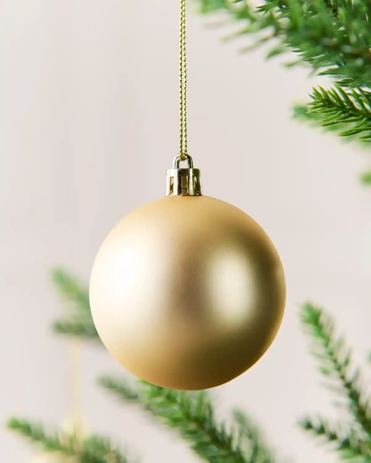 A matte Latte Christmas bauble hanging from a gold string against a soft white background with blurred green pine branches.
