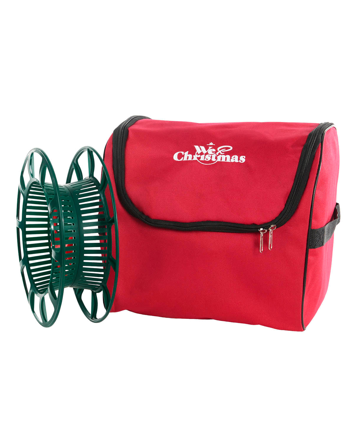 A red storage bag for Fairy lights with a green plastic reel next to it against a White background