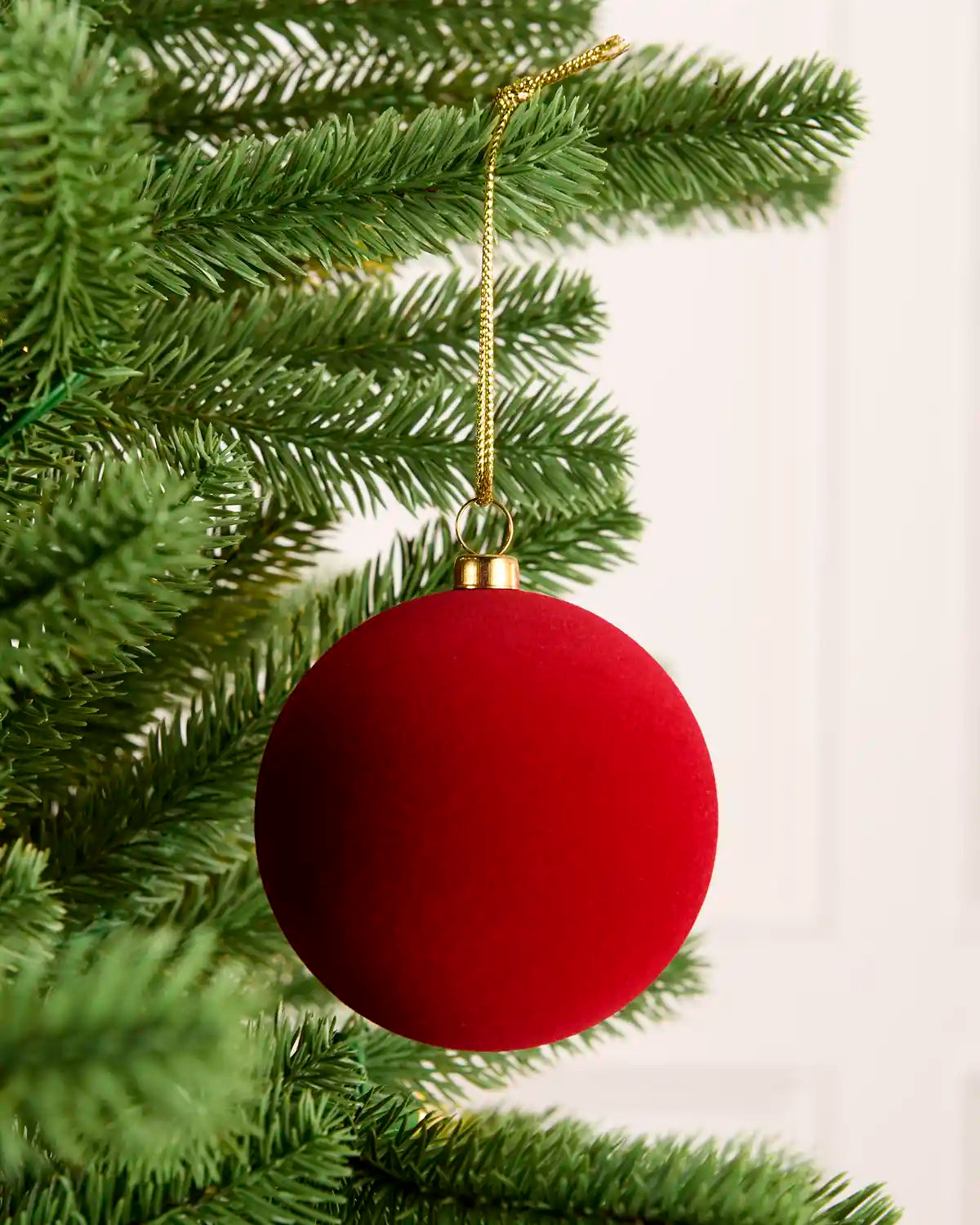 A round red Christmas ornament hanging from a gold string on the green branches of a Christmas tree.