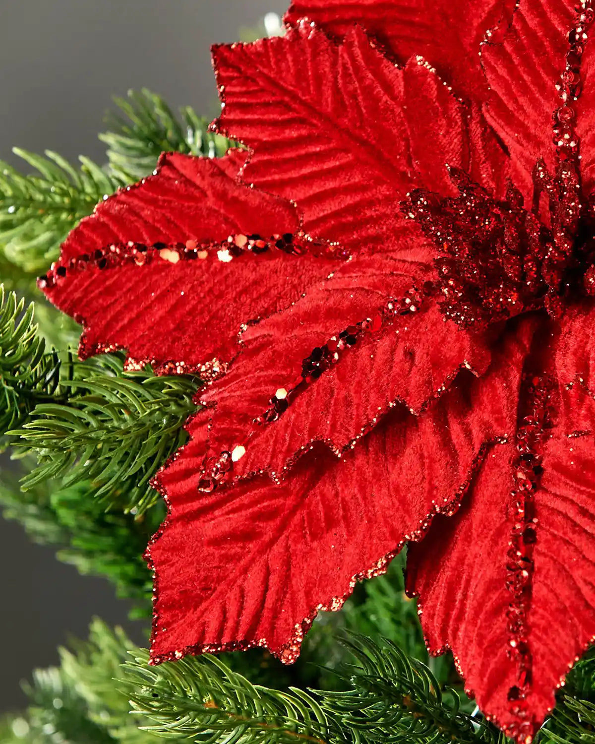 Additional close-up image of red glitter-trim poinsettia flower on a Christmas tree in front of grey wall background highlighting sequin detail