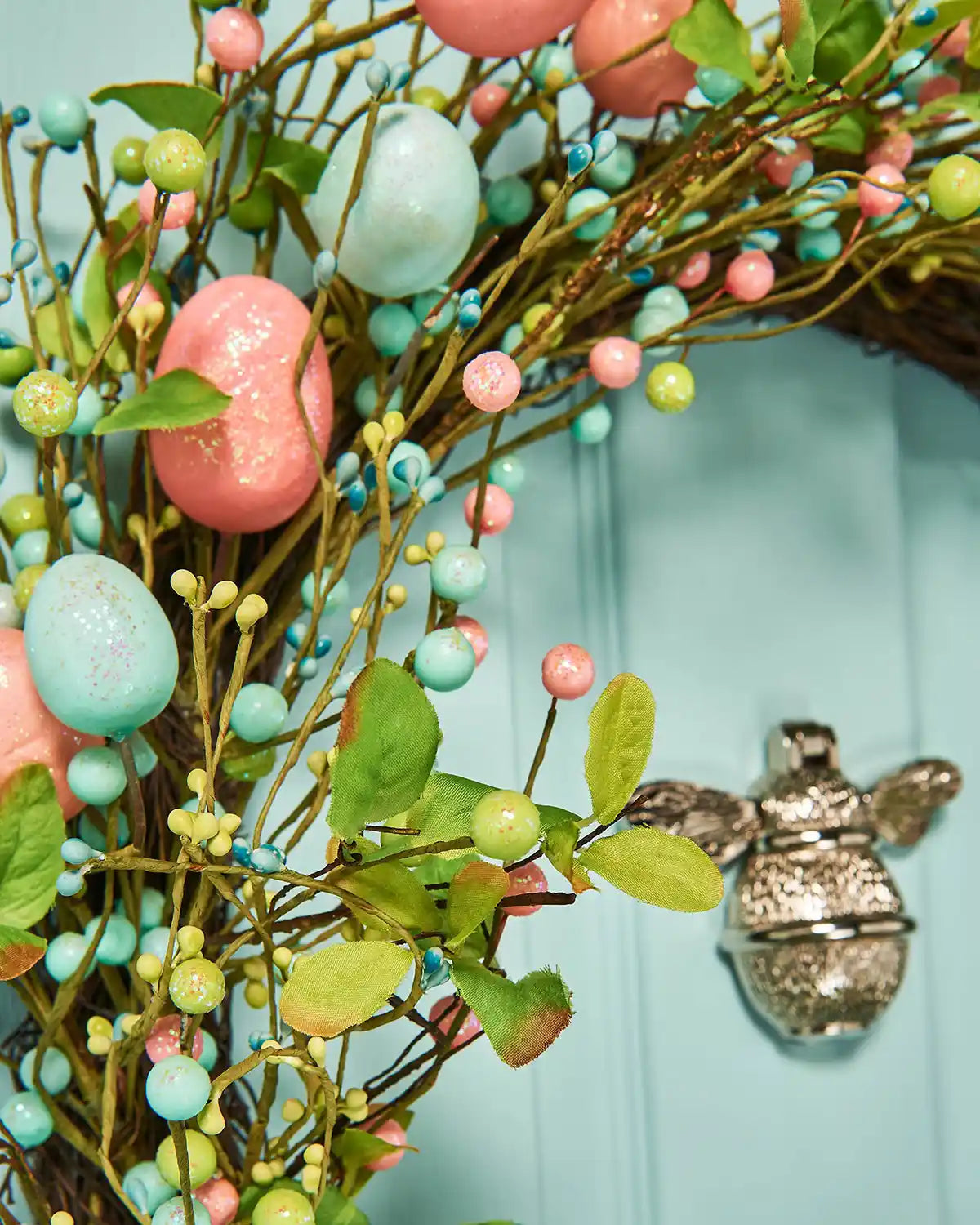 Artificial Floral Egg Spring Wreath, Blue & Pink, 28 Inch  foliage close up