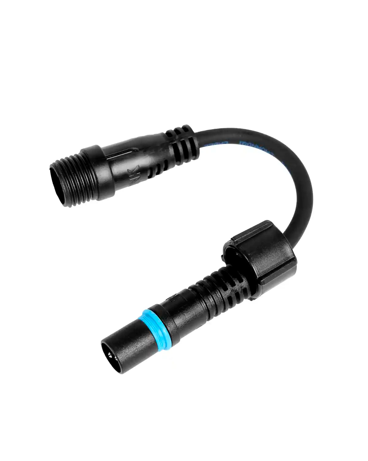 Small black cable with link logo, blue tip with screw cap undone. Against a white background. 