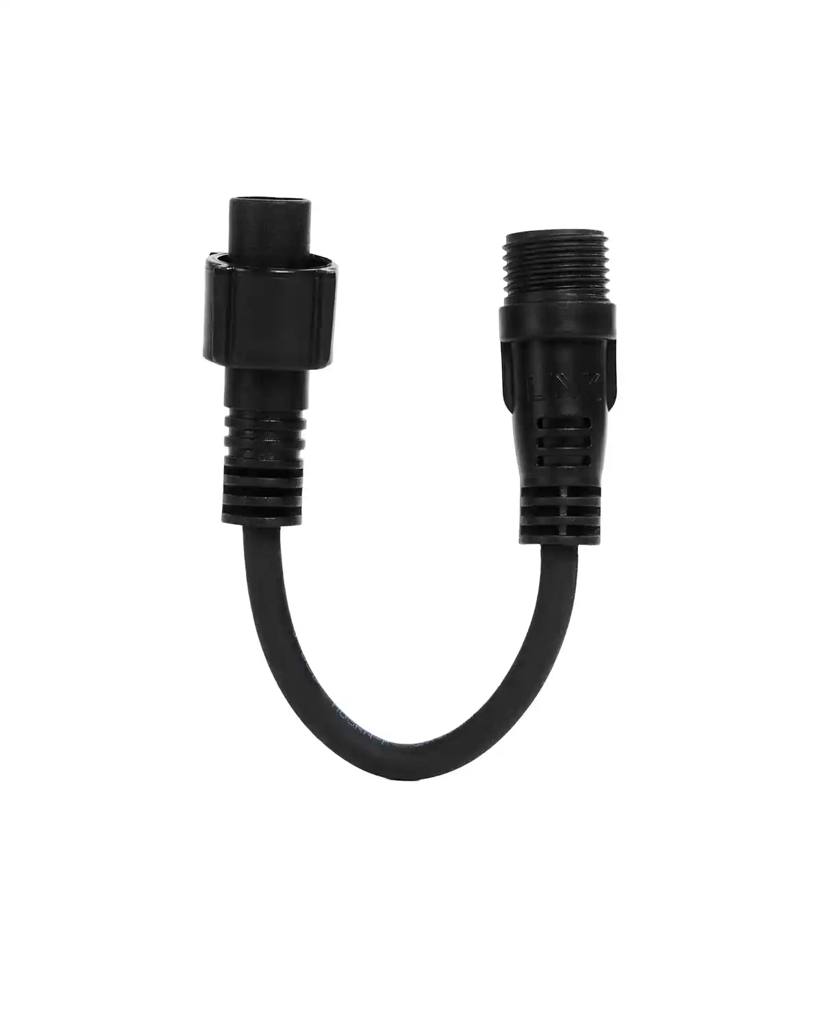 Black cable with screw cap, in a U shape on a white background 