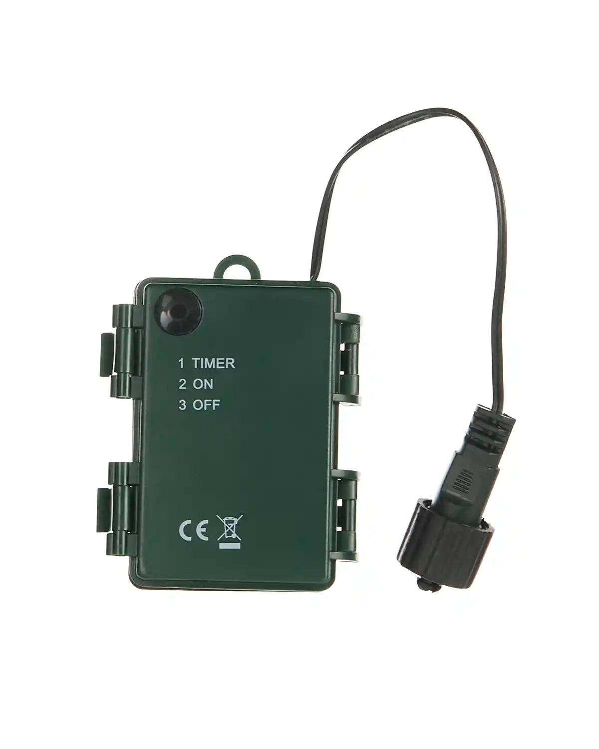 Black electronic device with timer and power connector on a white background