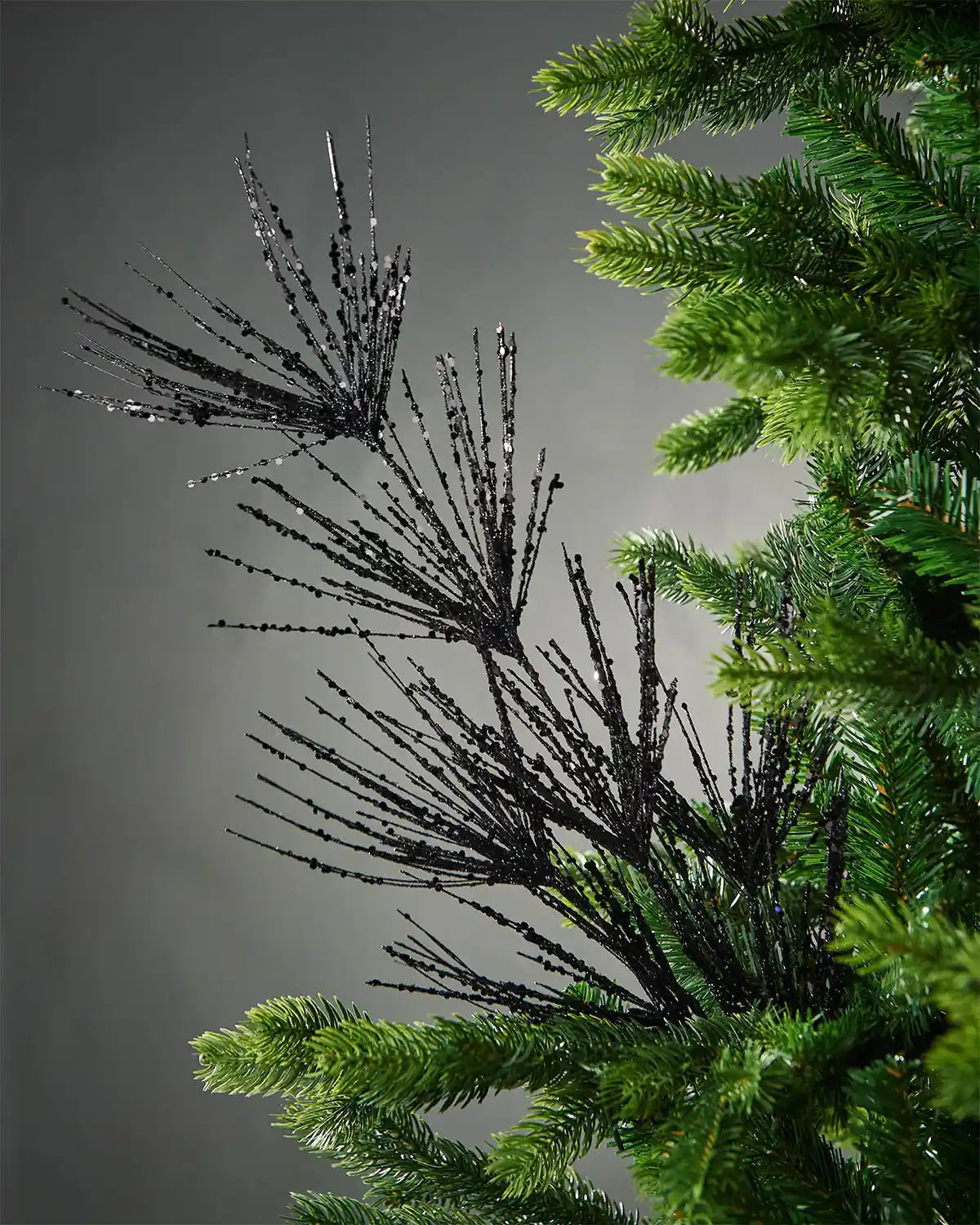Full image of black glitter firework spray attached to tree in front of grey background