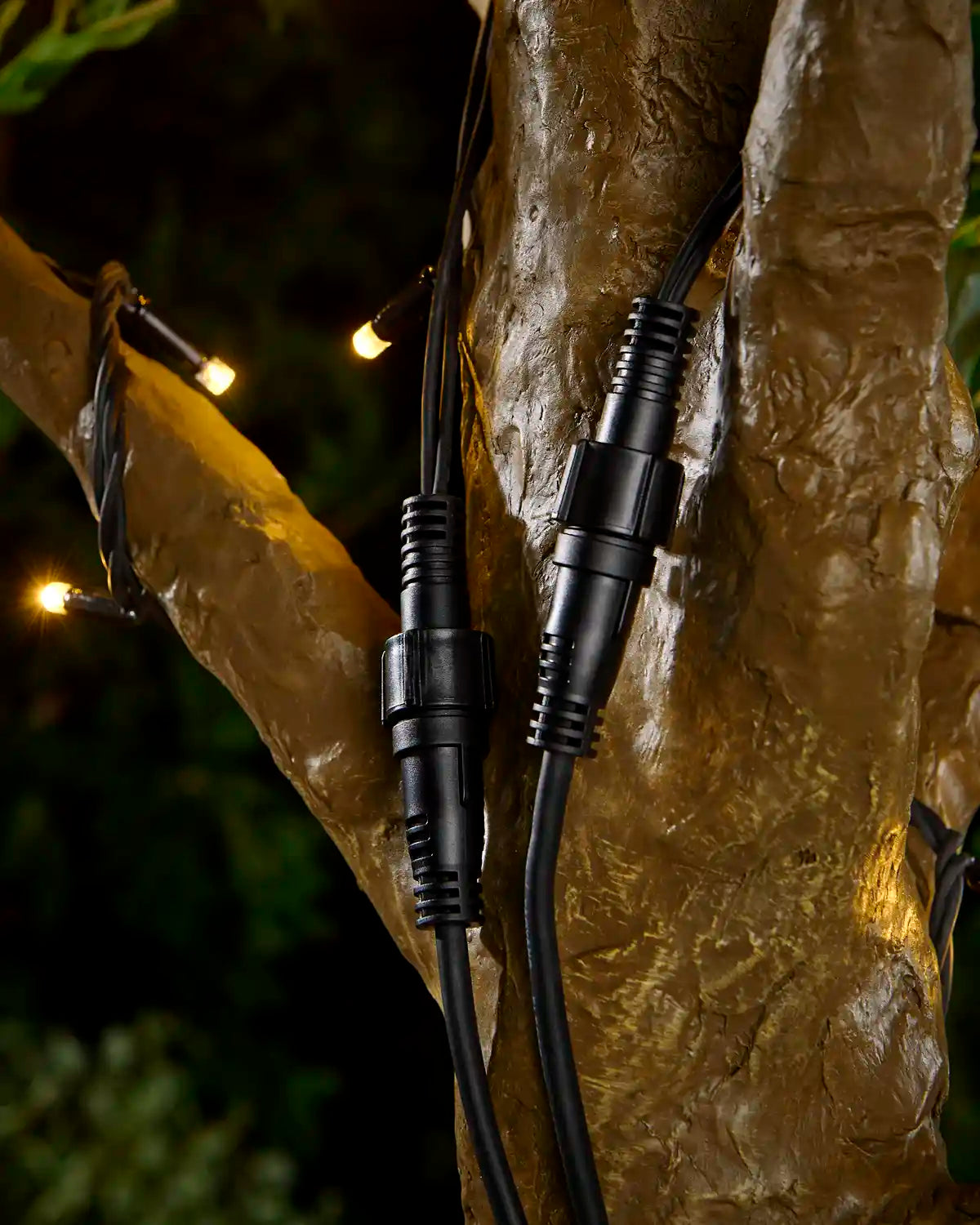 Black screw cap connection points attached to tree and connected to warm white LED lights with blurry garden background