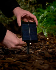 Black small solar panel with garden stake being put into the ground with blurred garden background