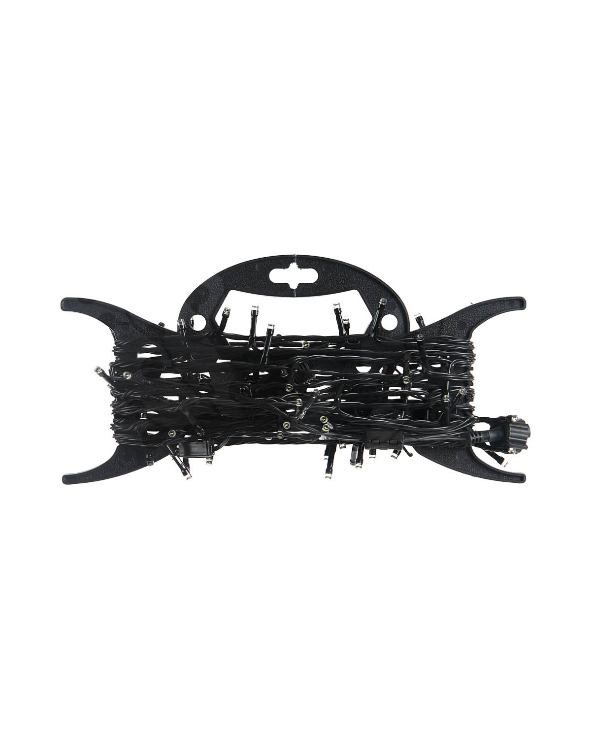 Black string lights coiled on a black plastic spool with a hanger tab, shown against a plain white background.