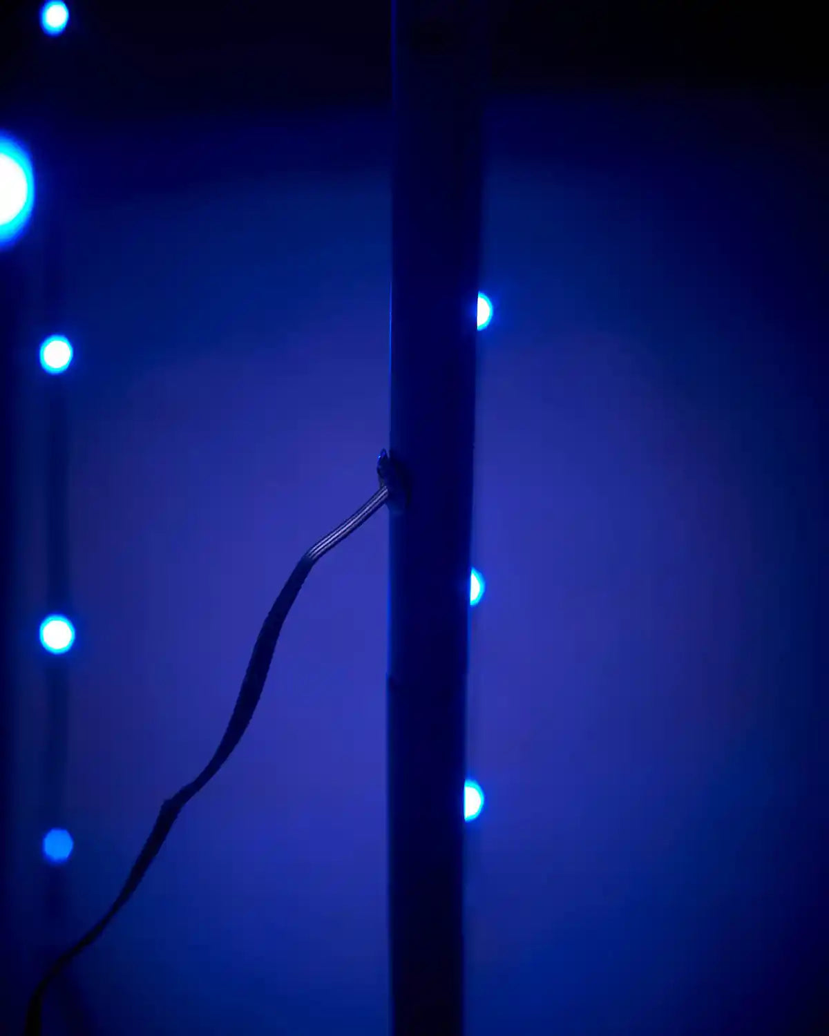 Blue LED string lights on a dark background