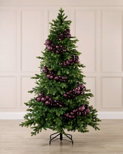 Burgundy Bauble Cluster Arch decorating a Christmas tree, with glossy, matte, and glitter burgundy baubles